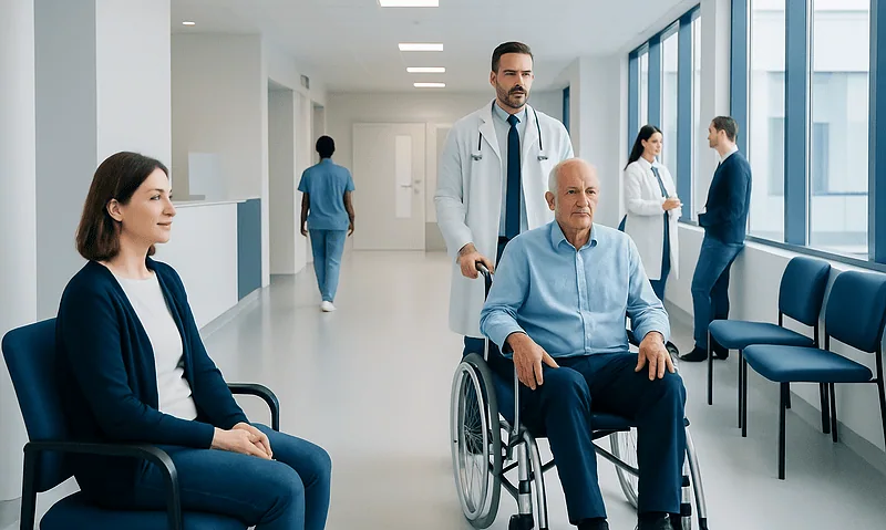 Trigeminal Neuralgia: Facial Electric Shock Pain and Treatment Choices 11 Doctor with elderly patient in wheelchair in hospital corridor.