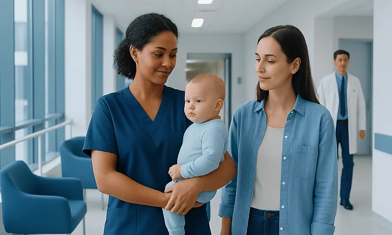 Healthcare professionals with a baby in a hospital corridor.