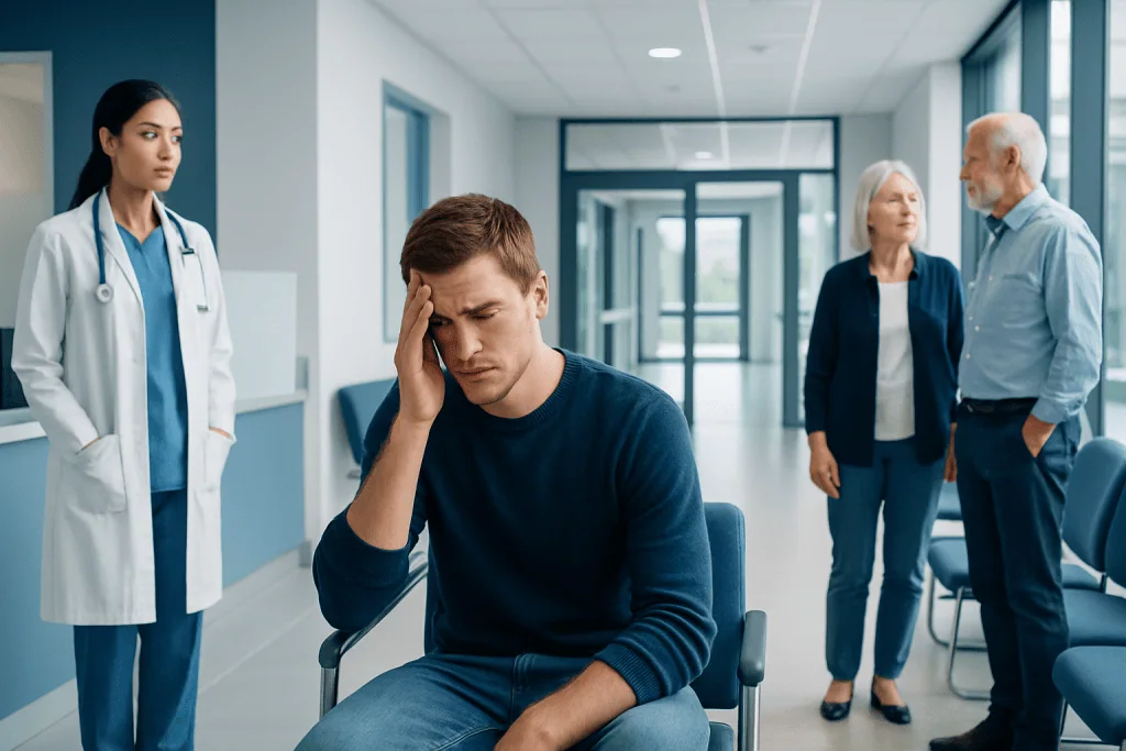 Concussion: Symptoms, Red Flags, and Safe Return to Activity 1 Young man experiencing headache in hospital waiting area with medical staff and visitors nearby.