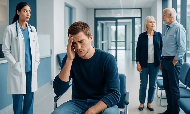 Concussion: Symptoms, Red Flags, and Safe Return to Activity 8 Young man experiencing headache in hospital waiting area with medical staff and visitors nearby.