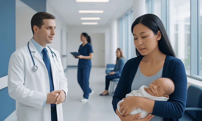 Newborn baby with mother in hospital corridor during checkup.