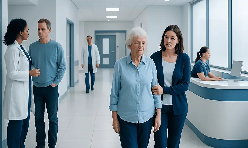Dementia: Types, Warning Signs, and Medical Evaluation 7 Elderly woman with caregiver in hospital corridor with medical staff.