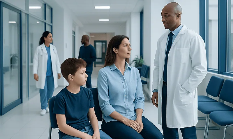 Doctor consulting with a young boy and his mother in a hospital corridor.
