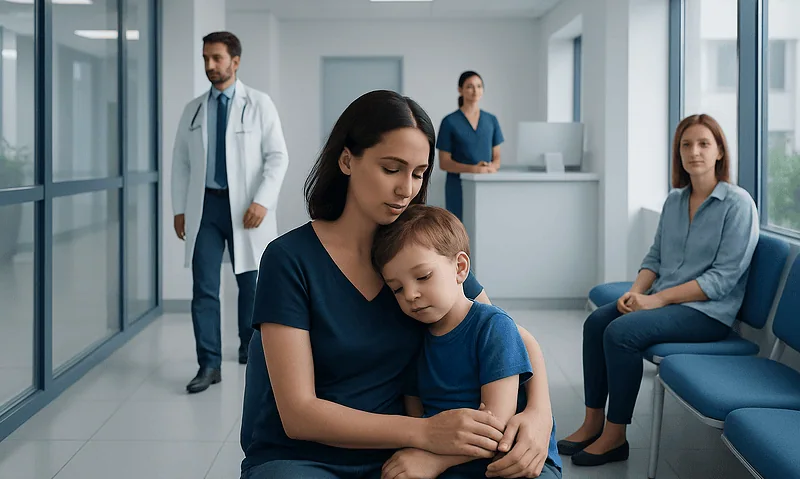 Child with fever comforted by mother in hospital waiting area.