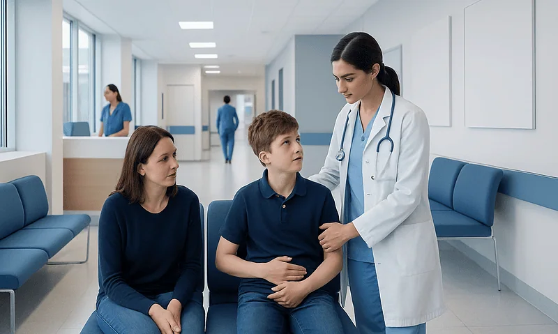 Pediatric patient consulting with a doctor in a hospital corridor.