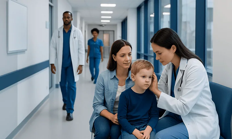 Pediatric ear examination in a hospital setting with a doctor and mother.