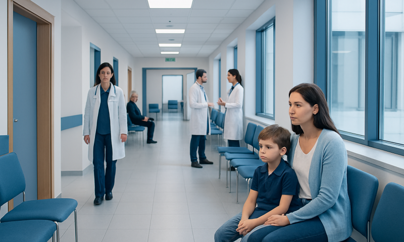 Children and adults waiting in a hospital corridor with medical staff present.