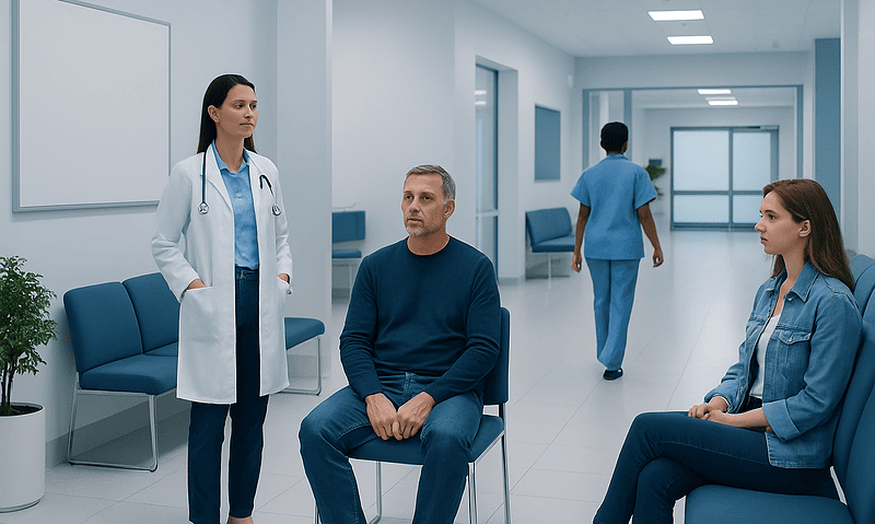 Doctor consulting with patients in a hospital corridor.