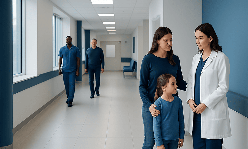 Doctor talking to a mother and daughter in hospital corridor.