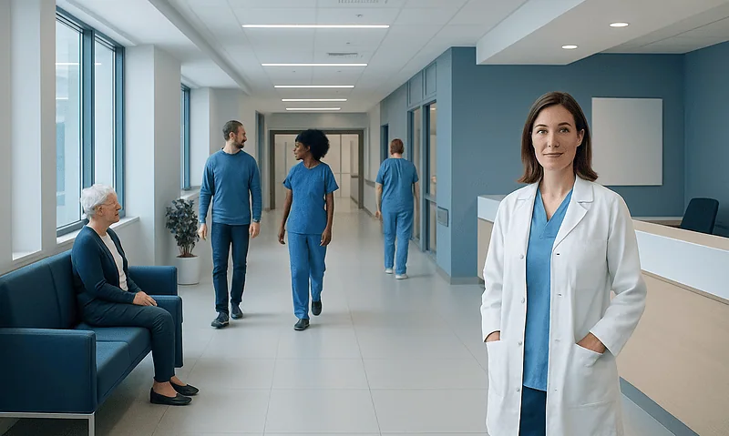 Healthcare professionals and patient in a modern hospital corridor.