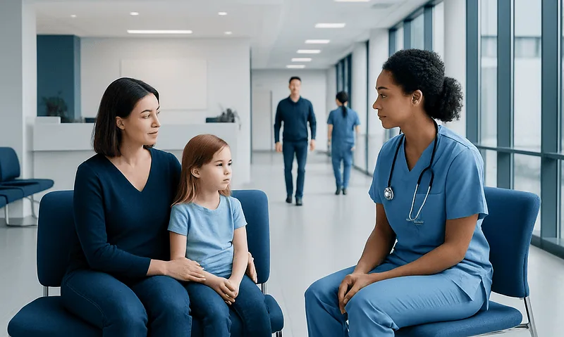 Doctor consulting with mother and daughter in hospital corridor.