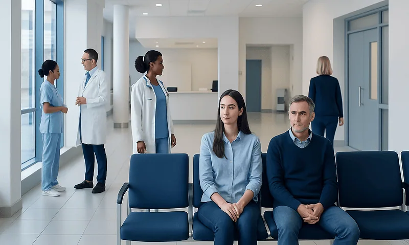 Patients waiting in a hospital corridor with medical staff in the background.