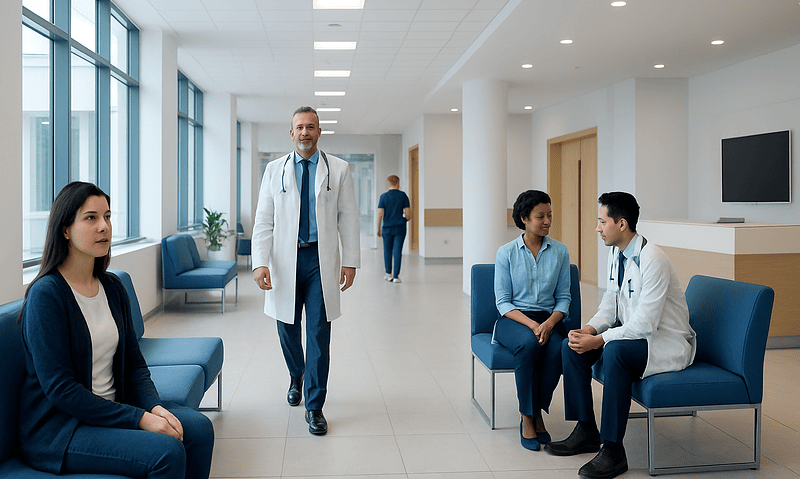 Medical professionals and patients in a modern hospital waiting area.