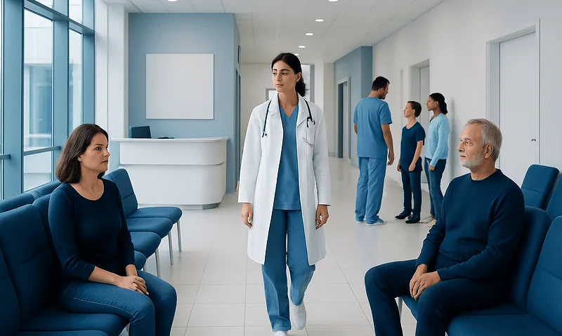 Medical consultation in a modern hospital waiting area with doctors and patients.