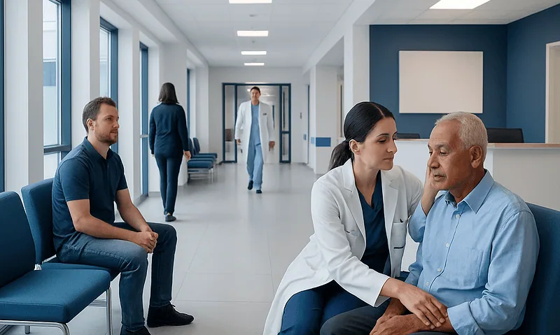 Doctor examining elderly patient in hospital corridor with waiting area.