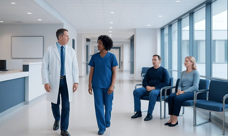 Doctor and nurse consulting with patients in hospital corridor.