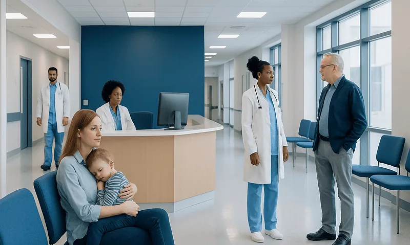 Medical staff and patient in a modern hospital waiting area.