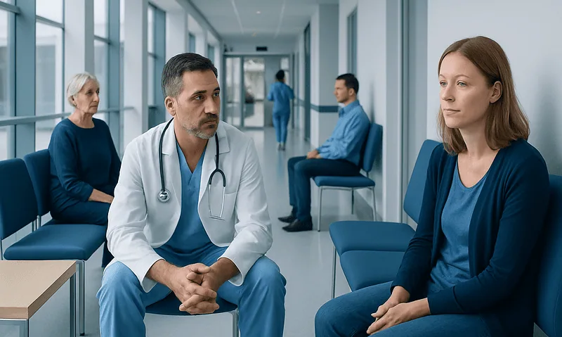 Doctor consulting with a patient in a hospital corridor.