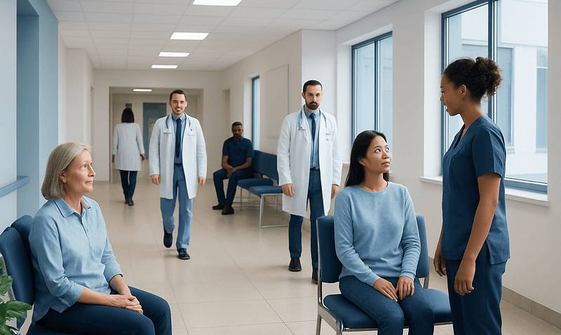 Medical consultation in hospital corridor with doctors and patients.