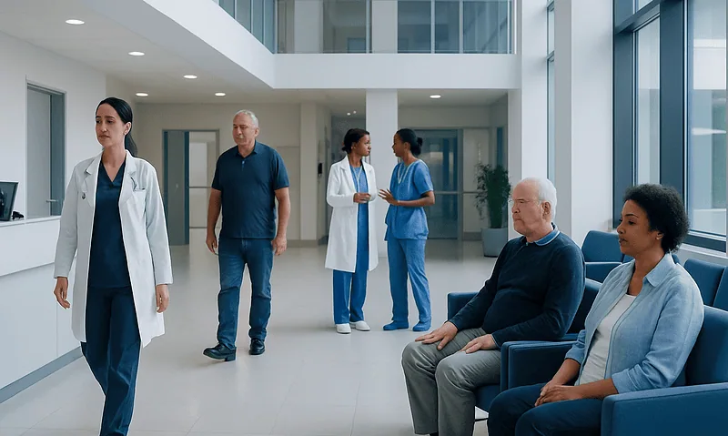 Medical staff and patients in a modern hospital corridor.
