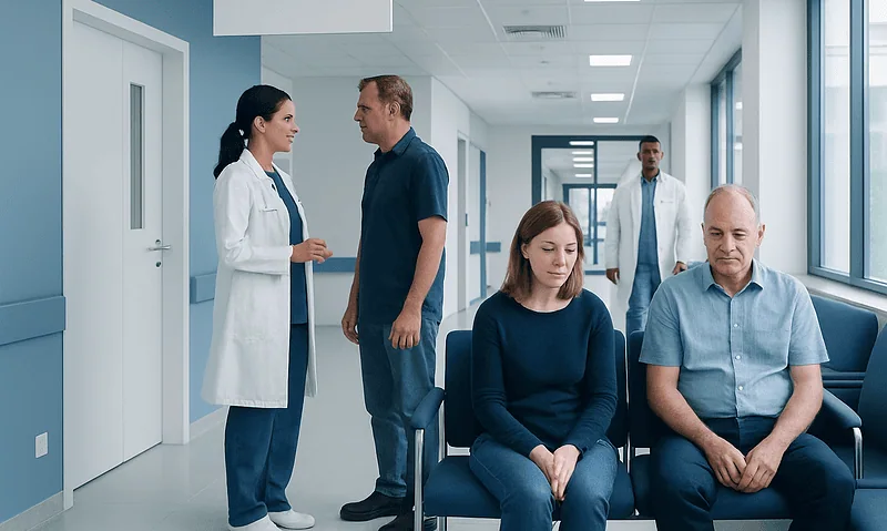 Healthcare professionals and patients in a hospital corridor.