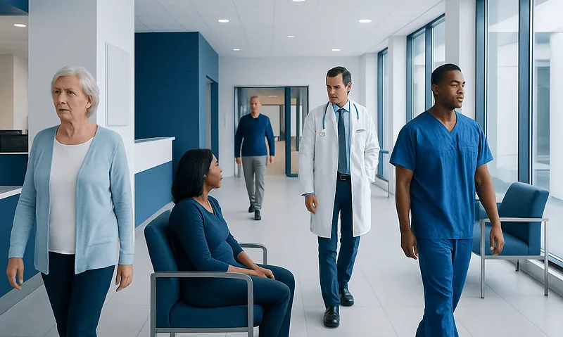 Hospital corridor with patients and medical staff during a consultation.