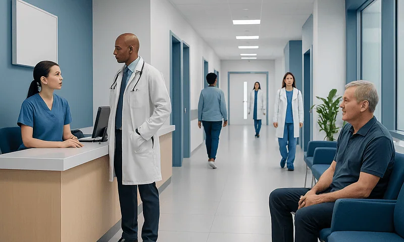 Doctor consulting with patient in hospital corridor.