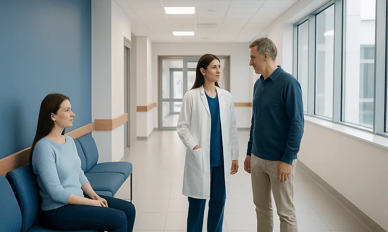 Doctor consulting with patient in hospital corridor.