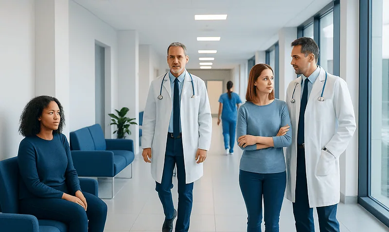 Medical team consulting with patient in hospital corridor.