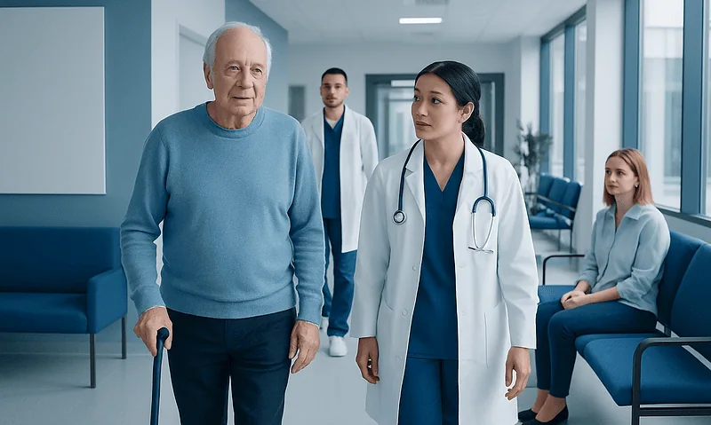 Elderly man with cane consulting with healthcare professionals in hospital corridor.