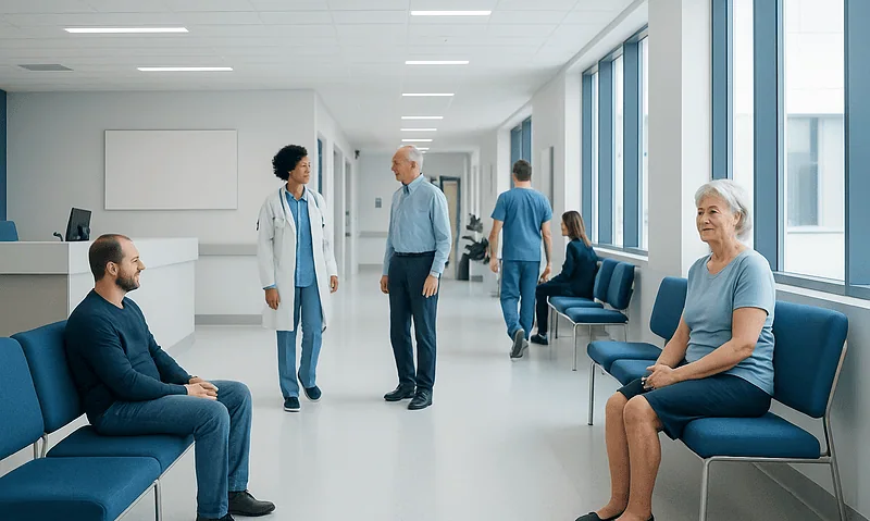 Patients waiting in a modern hospital corridor with medical staff nearby.