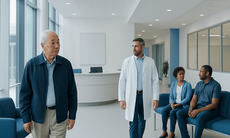 Medical consultation in a modern hospital waiting area with diverse patients and staff.