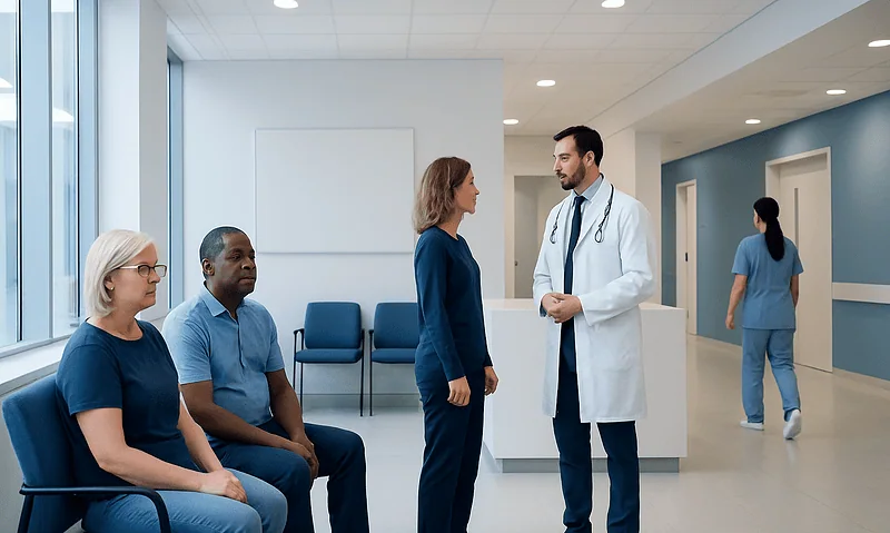 Doctor consulting patients in a hospital corridor with medical staff in background.