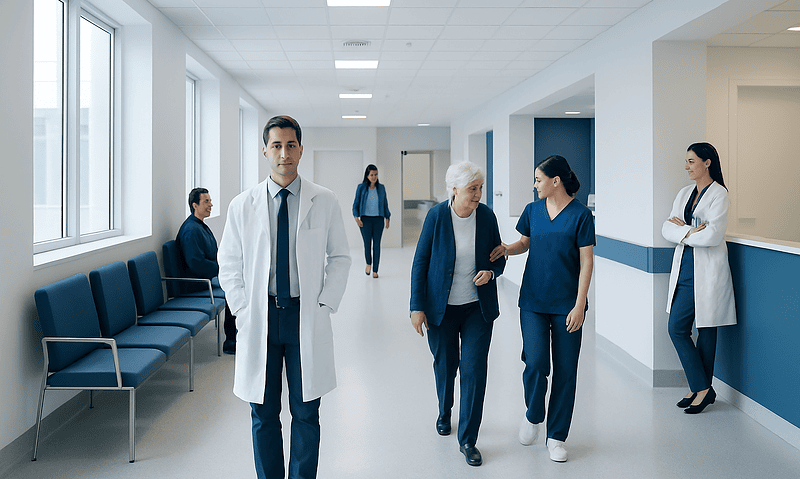 Medical staff walking in a hospital corridor with patients and nurses.