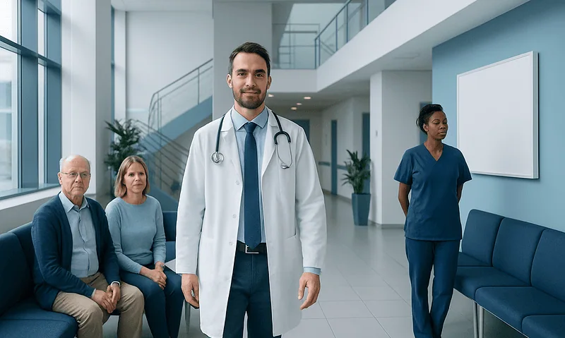 Medical team in hospital lobby with doctor and patients.