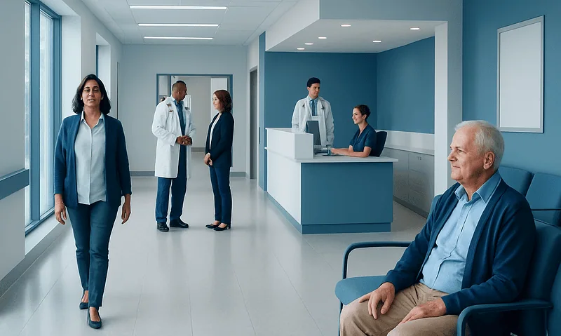 Modern hospital corridor with medical staff and patient waiting area.