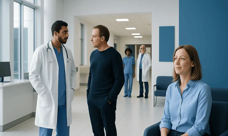 Doctor consulting patient in hospital corridor at Acibadem Hospitals Group.