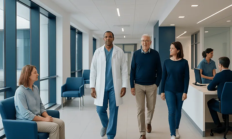 Medical team walking through hospital corridor with patient and staff in background.