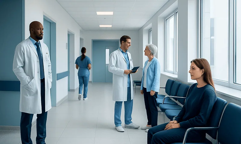 Medical team consulting with a patient in a hospital corridor.
