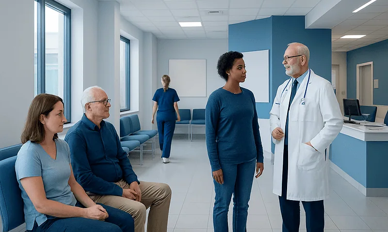 Doctor consulting with patients in a hospital waiting area.