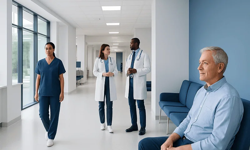 Medical team discussing patient care in hospital corridor.
