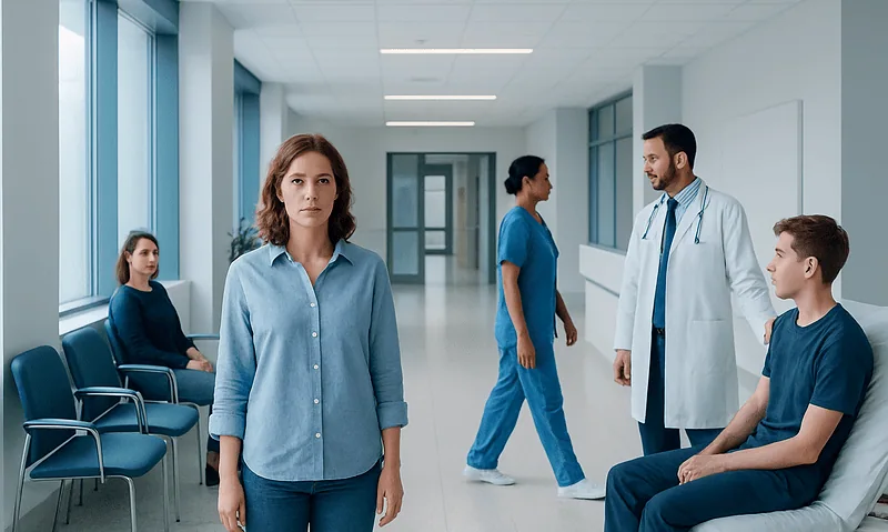Patient waiting area at Acibadem Hospitals Group with medical staff and patients.