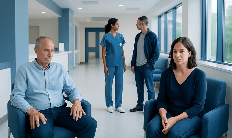 Patients waiting in a hospital corridor with medical staff in the background.