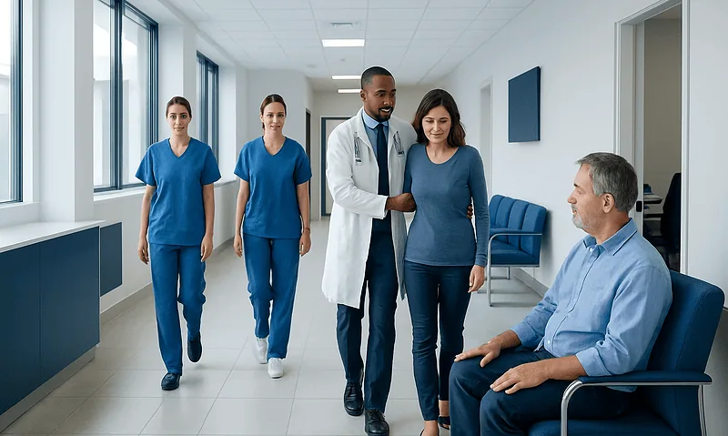 Healthcare professionals assisting a patient in a hospital corridor.