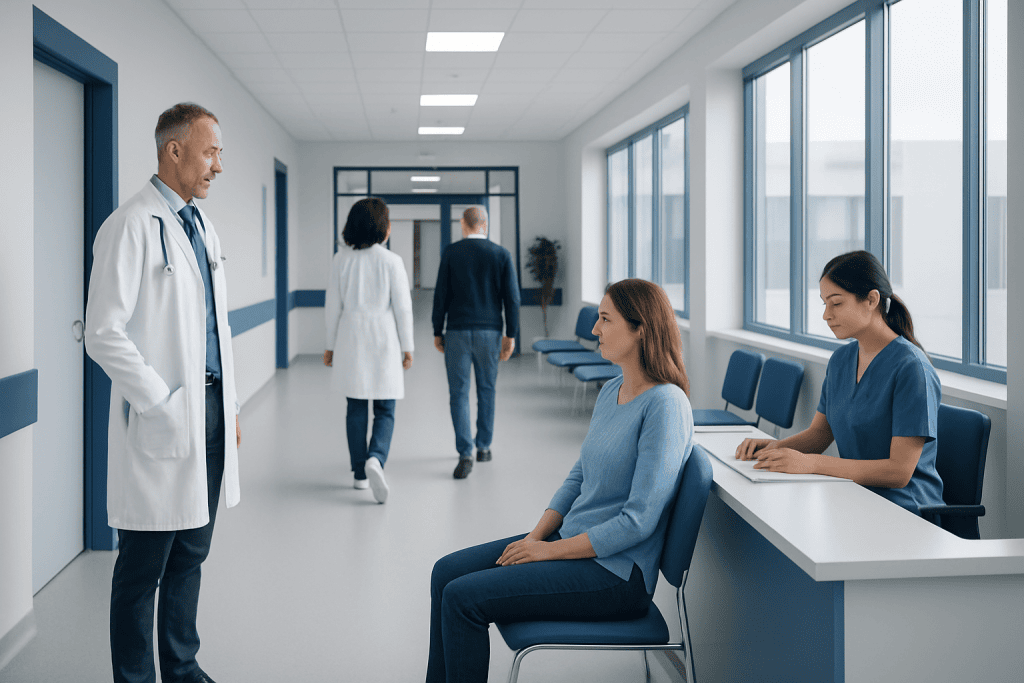 Addison’s Disease: Adrenal Insufficiency Symptoms and Lifelong Management 1 Doctor consulting female patient in hospital corridor with medical staff in background.