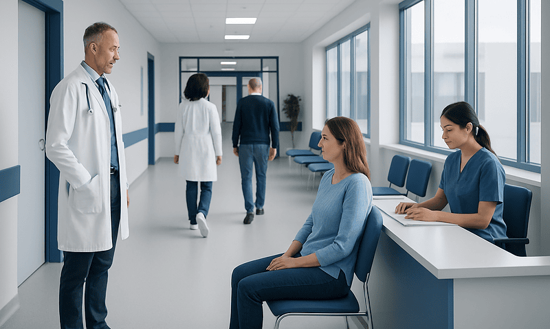 Doctor consulting female patient in hospital corridor with medical staff in background.