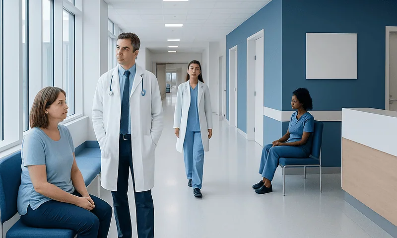 Medical consultation in hospital corridor with doctor and patients.