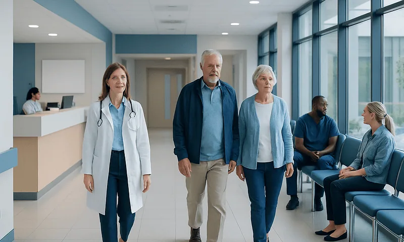 Patients and doctor walking in hospital corridor at Acibadem Hospitals Group.