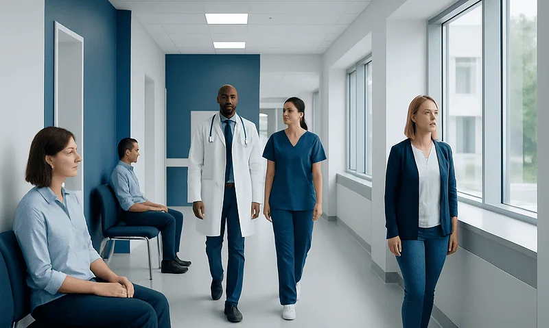 Medical team in hospital corridor with patients waiting.