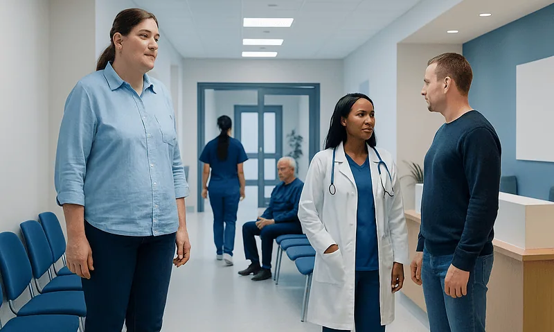 Medical consultation in a hospital corridor with healthcare professionals and patient.